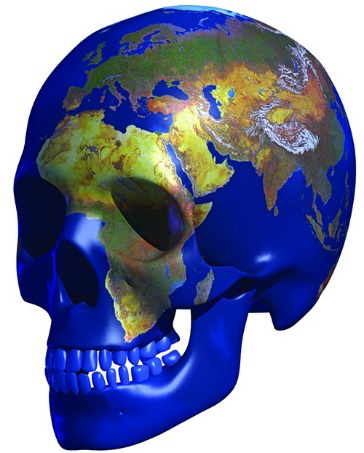Yorick skull superimposted with world map
